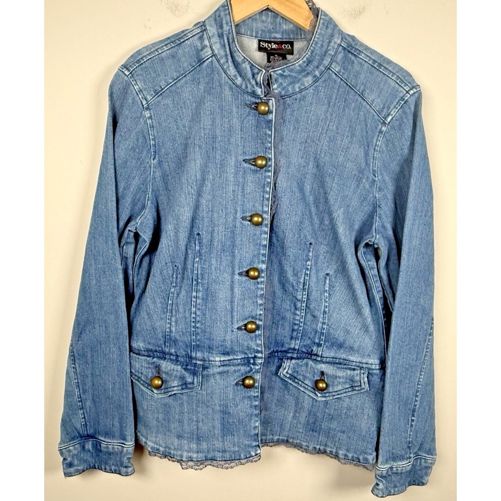 Style & Co Blue Denim Lace Trim Utility Jacket Size Medium‎ Elevated Basic Chic